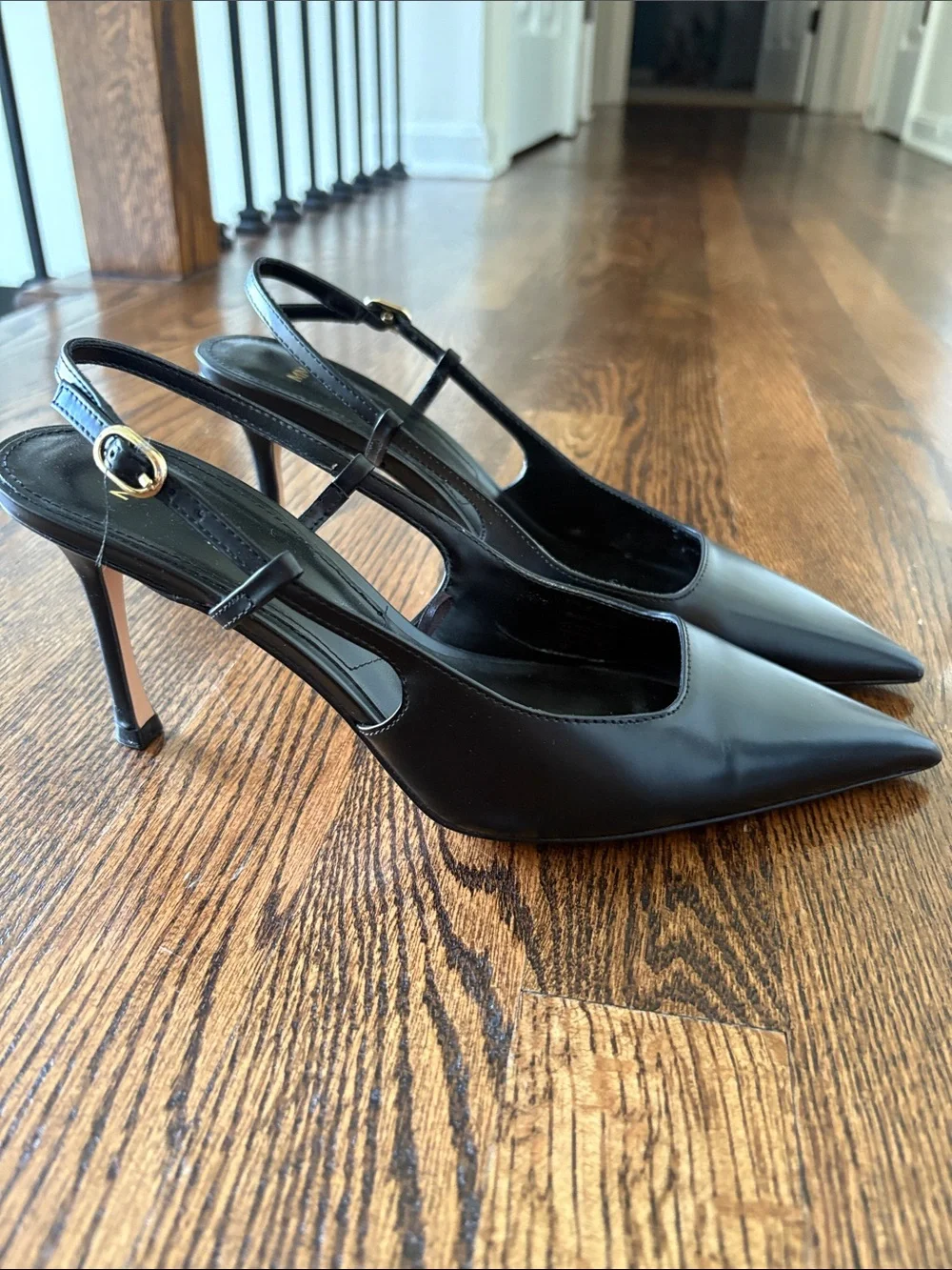 Mango Black Pointed-Toe Slingback Heels with Gold Buckles
